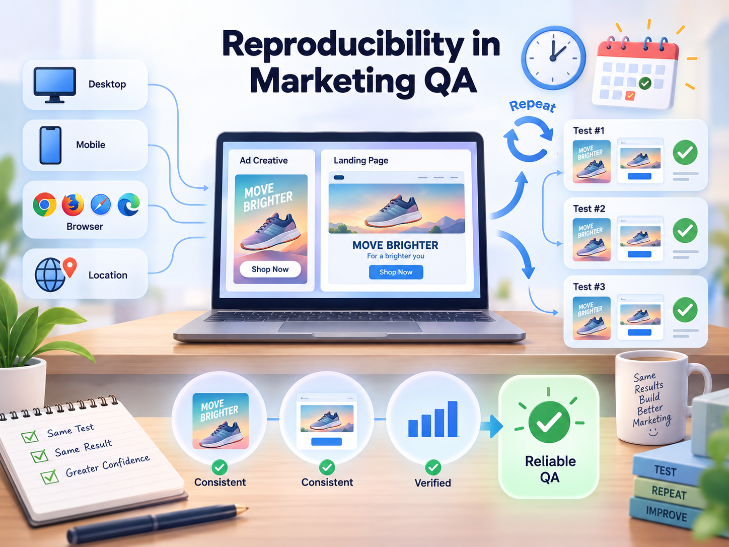 Reproducible marketing QA testing across devices, browsers, locations, and repeated test runs